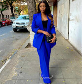 Tesco királykék női nadrág szettek duplasoros blézer széles szárú nadrágok alkalmi női öltöny 2 részes conjuntos de calça