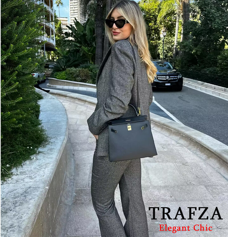 TRAFZA uredski sako za dame Ženski sako s jednim gumbom na rever i hlače, novi modni sako za jesen 2024.