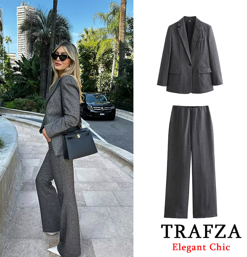 TRAFZA uredski sako za dame Ženski sako s jednim gumbom na rever i hlače, novi modni sako za jesen 2024.