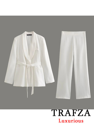 TRAFZA biroja sieviešu vienkrāsains balts žakete uzvalks sievietēm ar V kakla vērtnēm Lielizmēra žakete + platas bikses ar augstu vidukli, 2024. gada modes komplekti