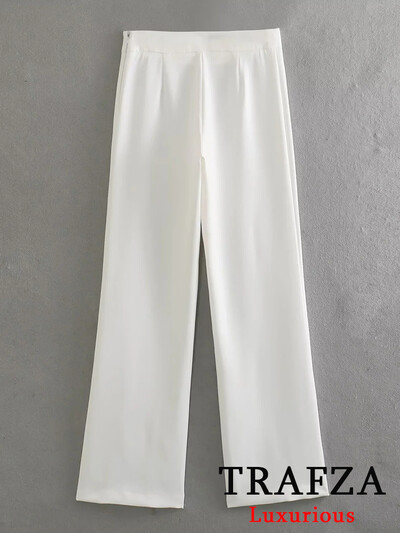 TRAFZA biroja sieviešu vienkrāsains balts žakete uzvalks sievietēm ar V kakla vērtnēm Lielizmēra žakete + platas bikses ar augstu vidukli, 2024. gada modes komplekti