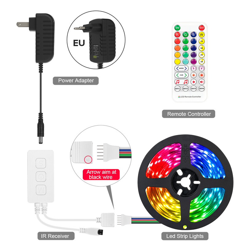„Bluetooth“ muzikos LED valdiklis RGB RGBW IR 38 klavišai, skirti 2835 5050 RGB RGBCW RGBWW LED šviesos juosta IOS Android programa DC5V-24V