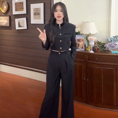 Modes sieviešu žaketes komplekts ar garām piedurknēm, lielizmēra mētelis ar apgrieztu mēteli un platām biksēm, treniņtērps, 2 gab., komplekts.