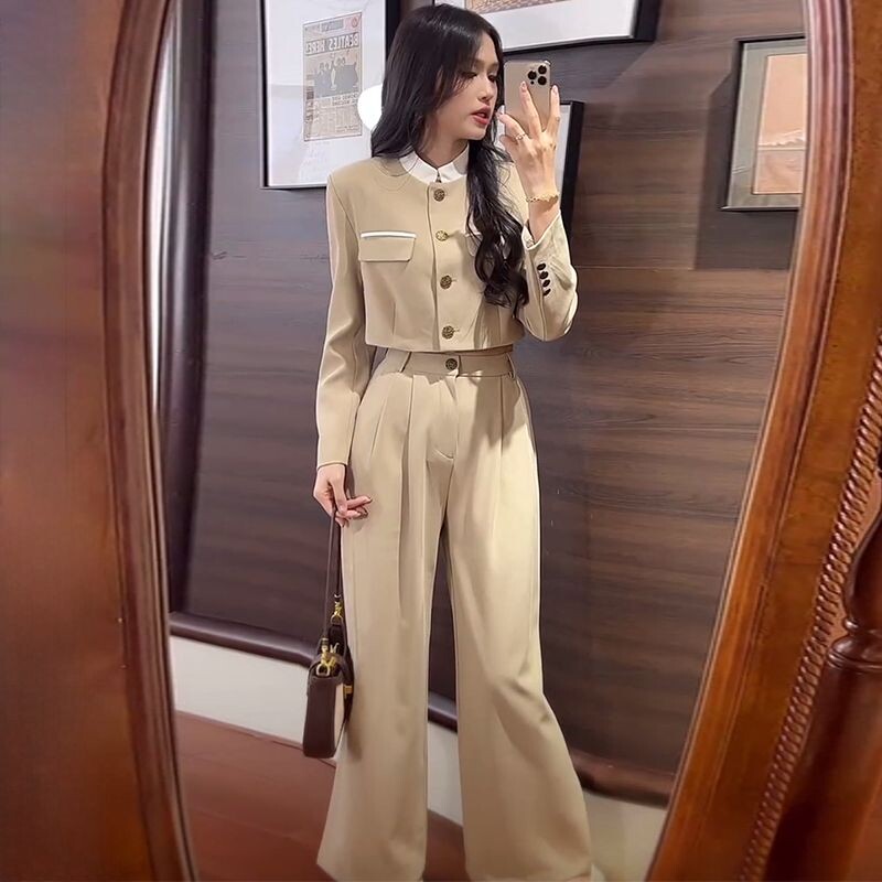 Modes sieviešu žaketes komplekts ar garām piedurknēm, lielizmēra mētelis ar apgrieztu mēteli un platām biksēm, treniņtērps, 2 gab., komplekts.