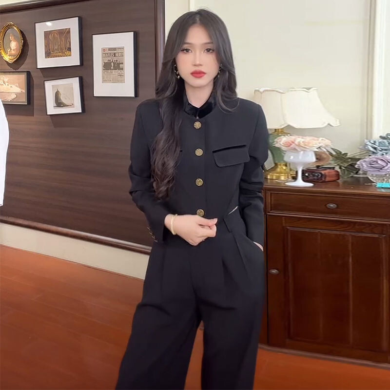 Modes sieviešu žaketes komplekts ar garām piedurknēm, lielizmēra mētelis ar apgrieztu mēteli un platām biksēm, treniņtērps, 2 gab., komplekts.