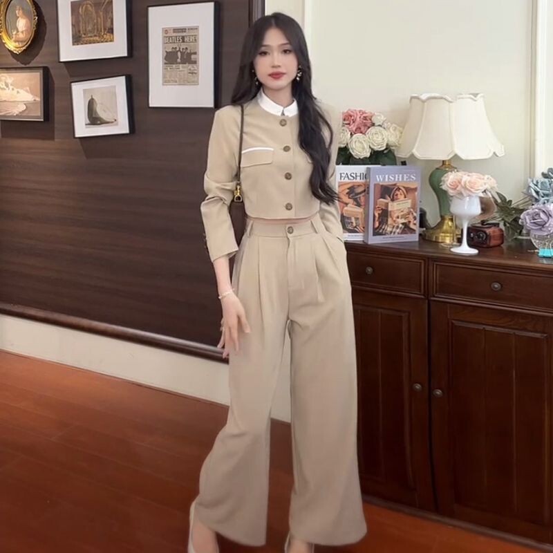 Modes sieviešu žaketes komplekts ar garām piedurknēm, lielizmēra mētelis ar apgrieztu mēteli un platām biksēm, treniņtērps, 2 gab., komplekts.