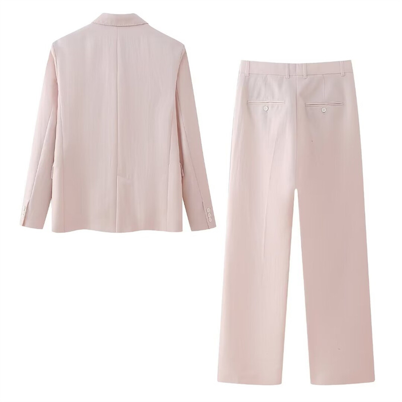 PB&ZA 2024 Proljetno ružičasto ležerno žensko odijelo s dvostrukim kopčanjem, kaput, hlače s ravnim nogavicama