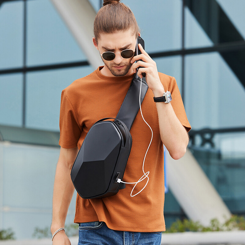 BANGE Hard Shell Design 3.0 USB uzlāde Crossbody Bag plecu somas vīriešiem, ūdensizturīgs Short Trip krūšu somas komplekts vīriešiem