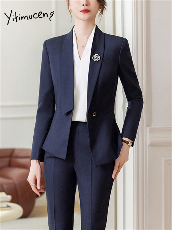 Yitimuceng formalne radne hlače Ženska odijela 2023. Novi korejski uredski ženski jednobojni tanak sako dugih rukava Dvodijelni komplet hlača s olovkom
