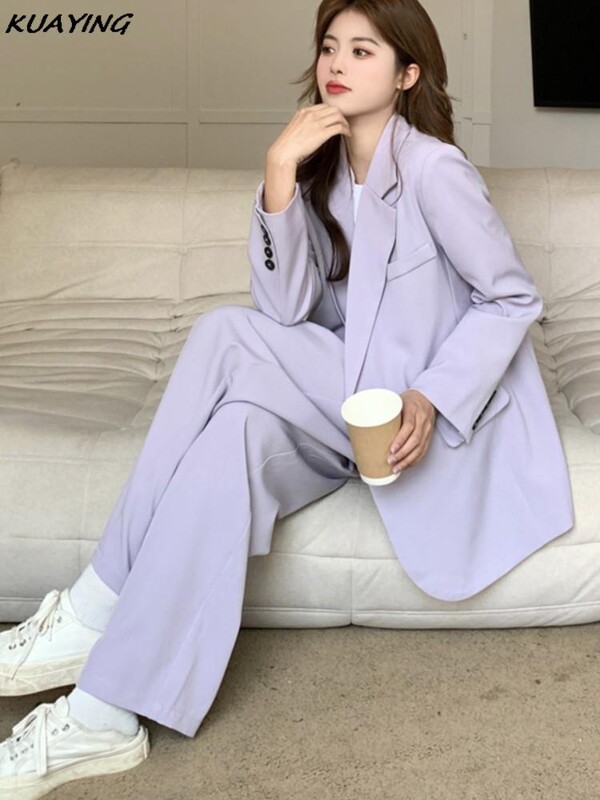Blazer vintage violet pentru femei, pantaloni largi, jachetă, pantaloni, set 2 piese, ținute de afaceri casual pentru femei