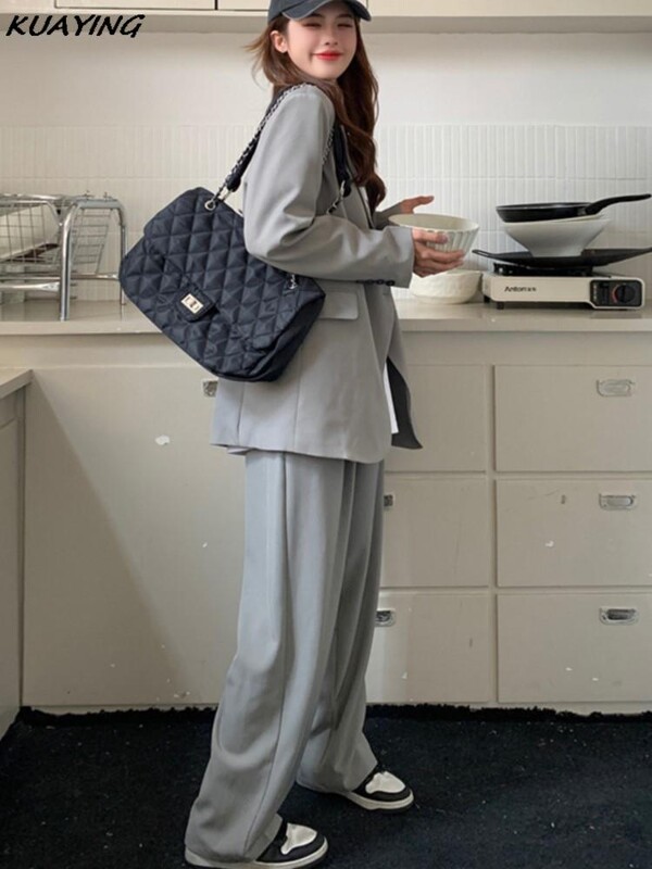 Blazer vintage violet pentru femei, pantaloni largi, jachetă, pantaloni, set 2 piese, ținute de afaceri casual pentru femei