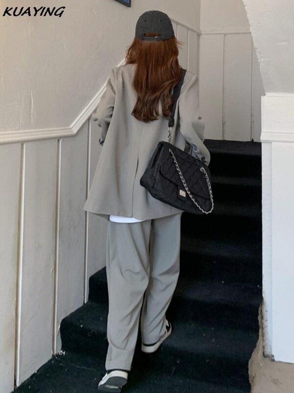 Blazer vintage violet pentru femei, pantaloni largi, jachetă, pantaloni, set 2 piese, ținute de afaceri casual pentru femei