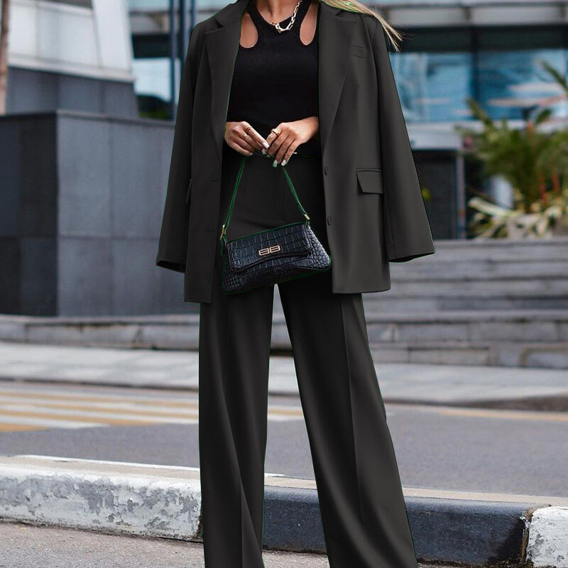 Biroja biznesa kostīmi tērpi rudens jaka žakete ikdienas platas bikses divdaļīgs modes sieviešu bikšu komplekts