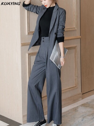 Ženski modni ležerni poslovni odijelo s hlačama Vintage sako jakne i dvodijelni komplet hlača visokog struka Ženska jednobojna odijela s hlačama