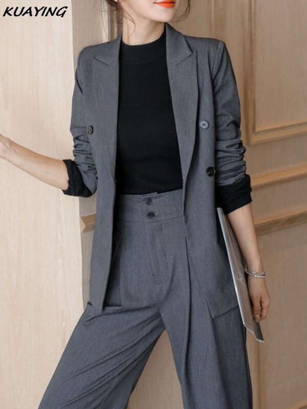 Ženski modni ležerni poslovni odijelo s hlačama Vintage sako jakne i dvodijelni komplet hlača visokog struka Ženska jednobojna odijela s hlačama