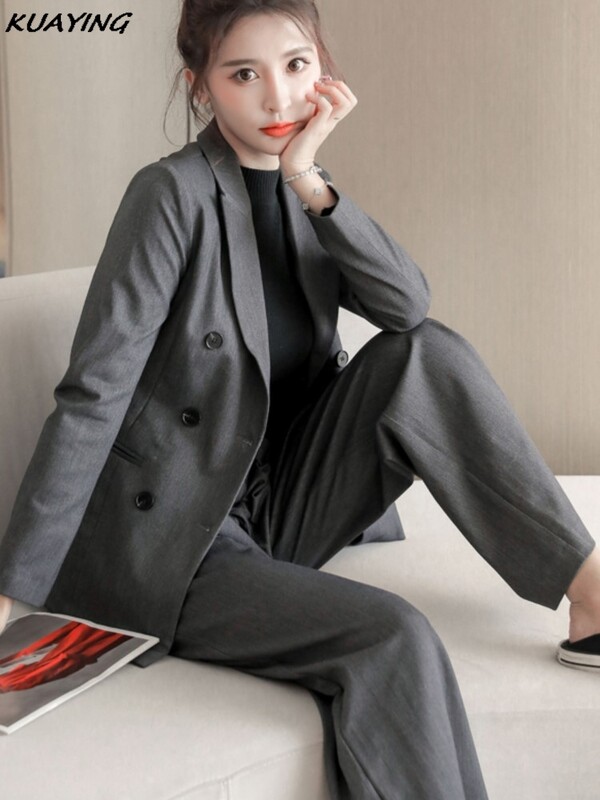 Ženski modni ležerni poslovni odijelo s hlačama Vintage sako jakne i dvodijelni komplet hlača visokog struka Ženska jednobojna odijela s hlačama