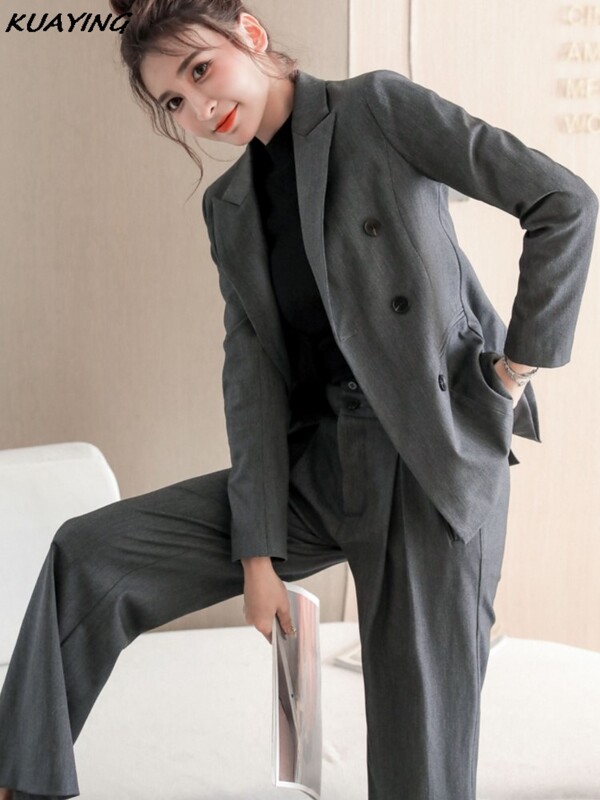 Ženski modni ležerni poslovni odijelo s hlačama Vintage sako jakne i dvodijelni komplet hlača visokog struka Ženska jednobojna odijela s hlačama