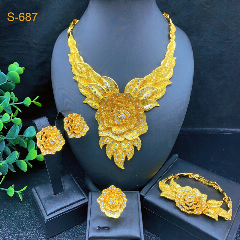 African Dubai Gold Wedding Jewelry 24K Gold Plated Bridal Jewelry Set Necklace Earrings Four Piece Set Wholesale In Stock