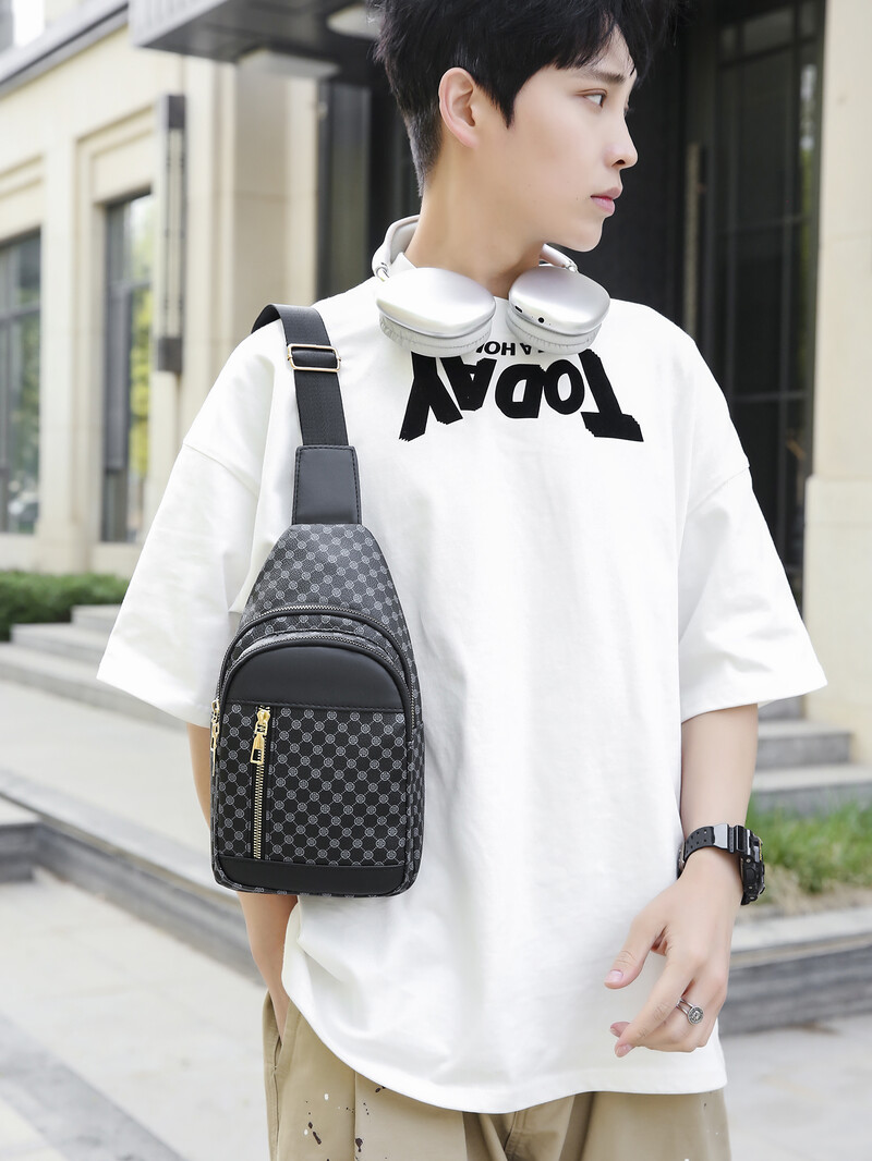 VC férfi dupla zsebes Városi utazó mellkastáska Könnyű PU bőr férfi válltáska telefon heveder Crossbody táskák férfiaknak