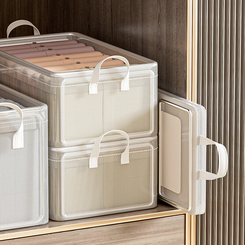 PVC átlátszó tároló kosár ruhákhoz fehérnemű tároló doboz rozsdamentes acél keretes gardrób rendszerező vízálló szövetdoboz