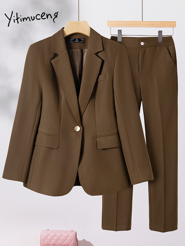 Yitimuceng Costume pentru dama de birou pentru femei, toamna iarna 2023, nou set de 2 piese, cu un singur buton, subțire, cu mânecă lungă și pantaloni