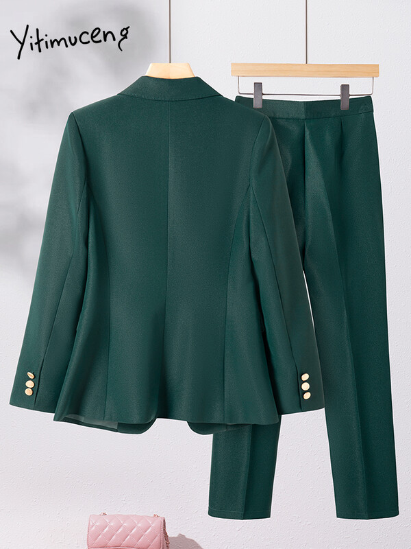Yitimuceng Costume pentru dama de birou pentru femei, toamna iarna 2023, nou set de 2 piese, cu un singur buton, subțire, cu mânecă lungă și pantaloni