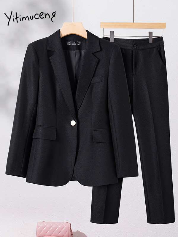 Yitimuceng Costume pentru dama de birou pentru femei, toamna iarna 2023, nou set de 2 piese, cu un singur buton, subțire, cu mânecă lungă și pantaloni