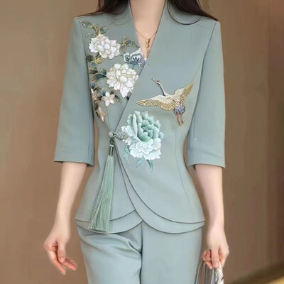 Disainer Hiina taevasinine 2-osaline pükskostüüm pidulikeks pulmadeks Naiste naiste õhtuseks peoks smokingud pidulikud tööriided