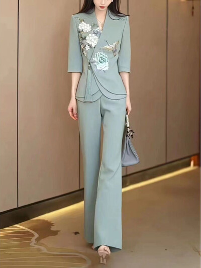 Disainer Hiina taevasinine 2-osaline pükskostüüm pidulikeks pulmadeks Naiste naiste õhtuseks peoks smokingud pidulikud tööriided