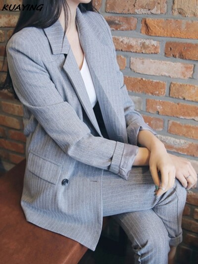 Ženski elegantni formalni poslovni blejzer 2-dijelno odijelo Uredski posao Prugasta jakna Odijelo s hlačama Korejska moda Ženska vintage odjeća Novo
