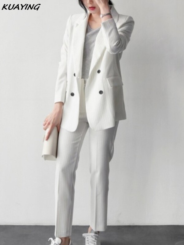 Ženski elegantni formalni poslovni blejzer 2-dijelno odijelo Uredski posao Prugasta jakna Odijelo s hlačama Korejska moda Ženska vintage odjeća Novo