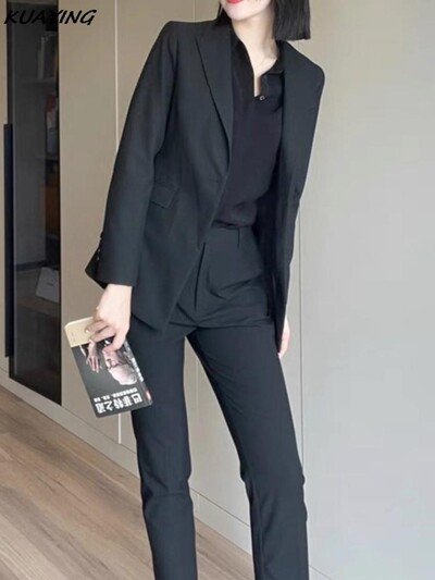 Modni korejski ženski blejzer 2 kom. Elegantne jakne dugih rukava i odijelo s ravnim hlačama Ženska šik poslovna odjeća Novo