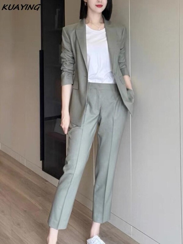 Modni korejski ženski blejzer 2 kom. Elegantne jakne dugih rukava i odijelo s ravnim hlačama Ženska šik poslovna odjeća Novo