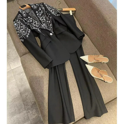 Strasuri de lux, cu mărgele, guler răsturnat, haină, blazere, talie subțire, diamante, costum, cardigan, topuri cu margele + pantaloni cu picioare largi, set 2 buc.