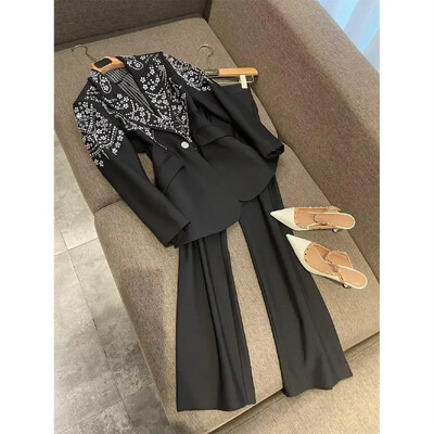 Luksusa Rhinestone fāzēm Apkakles bleizeri mētelis OL tievs viduklis, dimantu uzvalks jaciņa fāzēm topi + platas bikses 2gab komplekts