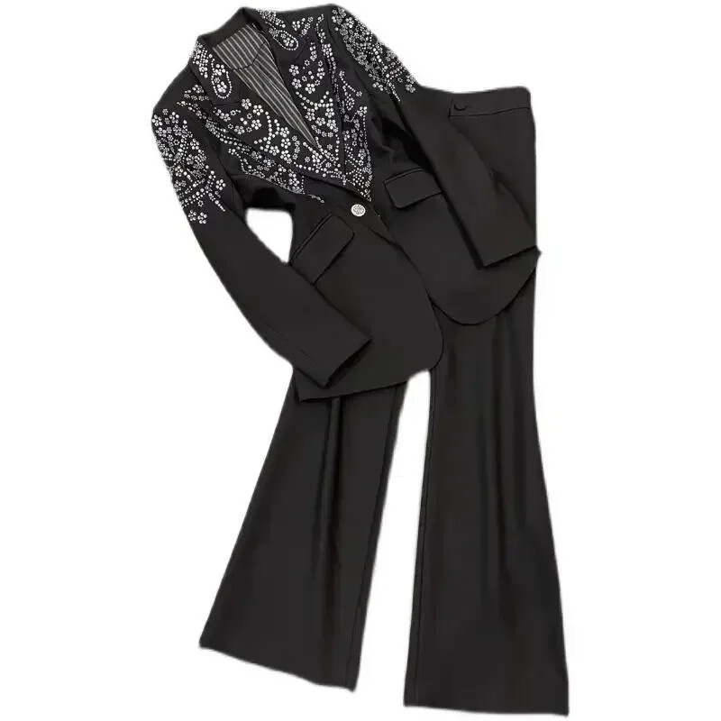 Luksusa Rhinestone fāzēm Apkakles bleizeri mētelis OL tievs viduklis, dimantu uzvalks jaciņa fāzēm topi + platas bikses 2gab komplekts