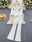 Ženski uredski 2024. Jesen Zima Crno-bijeli jednoredni sako s metalnim kopčama i dvodijelni odijela širokih nogavica visokog struka