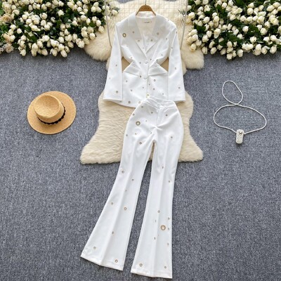 Ženski uredski 2024. Jesen Zima Crno-bijeli jednoredni sako s metalnim kopčama i dvodijelni odijela širokih nogavica visokog struka