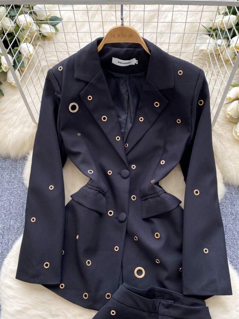 Ženski uredski 2024. Jesen Zima Crno-bijeli jednoredni sako s metalnim kopčama i dvodijelni odijela širokih nogavica visokog struka