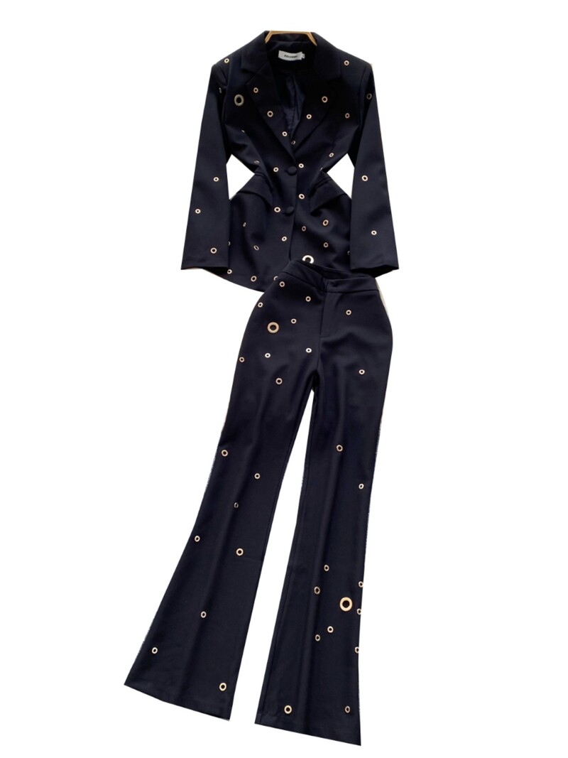 Ženski uredski 2024. Jesen Zima Crno-bijeli jednoredni sako s metalnim kopčama i dvodijelni odijela širokih nogavica visokog struka