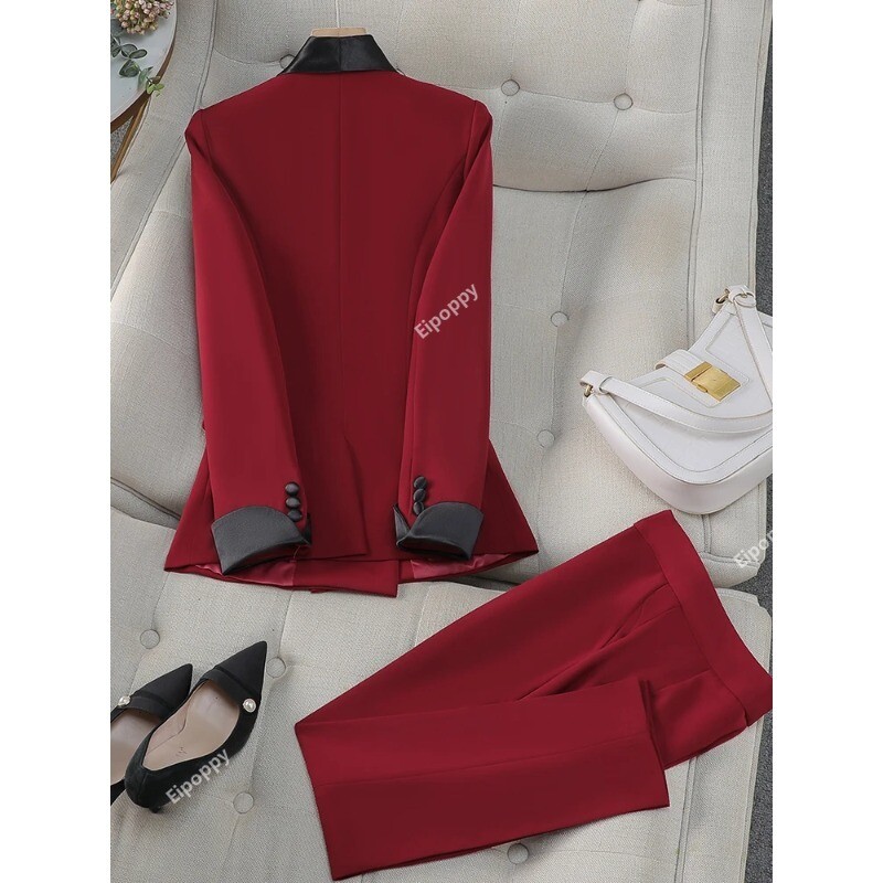 2024. gada jauns, elegants, sarkans, melns sieviešu bikškostīms, biroja dāmu sieviešu darba apģērbs, 2 daļ. komplekts, formāls žakete un bikses