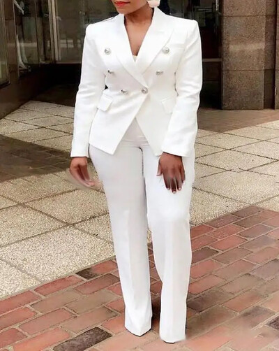 Γυναικεία Γυναικεία Σετ Γυναικεία Κομμάτια Γραφείο 2024 Μόδα Άνοιξη 2024 Μακρυμάνικο μπλέιζερ με διπλό στήθος & απλό κομψό σετ παντελονιών