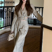 BGTEEVER Proljeće Jesen Labavi ženski set sakoa s printom, jakne s dvostrukim kopčanjem i dugim rukavima, široke hlače visokog struka