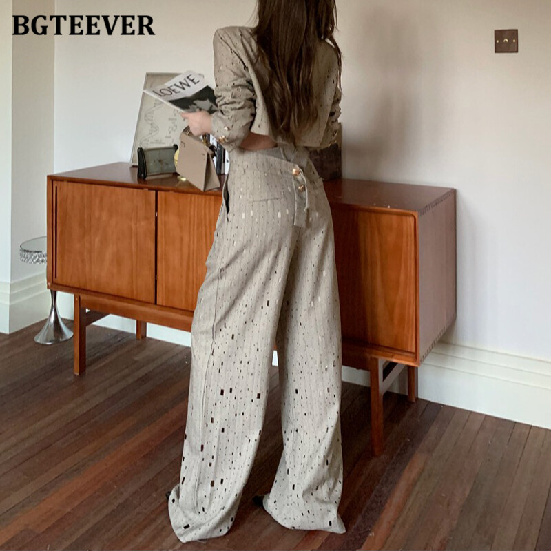 BGTEEVER Proljeće Jesen Labavi ženski set sakoa s printom, jakne s dvostrukim kopčanjem i dugim rukavima, široke hlače visokog struka