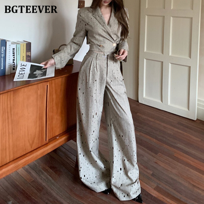 BGTEEVER Proljeće Jesen Labavi ženski set sakoa s printom, jakne s dvostrukim kopčanjem i dugim rukavima, široke hlače visokog struka