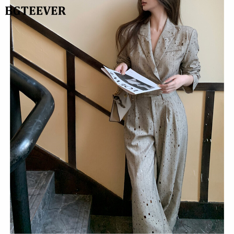 BGTEEVER Proljeće Jesen Labavi ženski set sakoa s printom, jakne s dvostrukim kopčanjem i dugim rukavima, široke hlače visokog struka