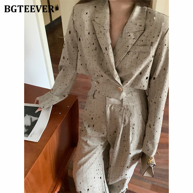 BGTEEVER Proljeće Jesen Labavi ženski set sakoa s printom, jakne s dvostrukim kopčanjem i dugim rukavima, široke hlače visokog struka