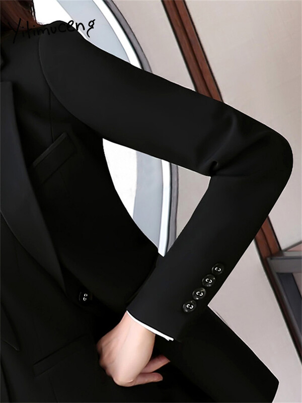 Yitimuceng Slim 4 daļiņu komplekti biroja apģērbam sievietēm, 2023. gada jauns modes žakete ar garām piedurknēm, eleganti vintage zīmuļu bikses, kostīmi ar augstu vidukli