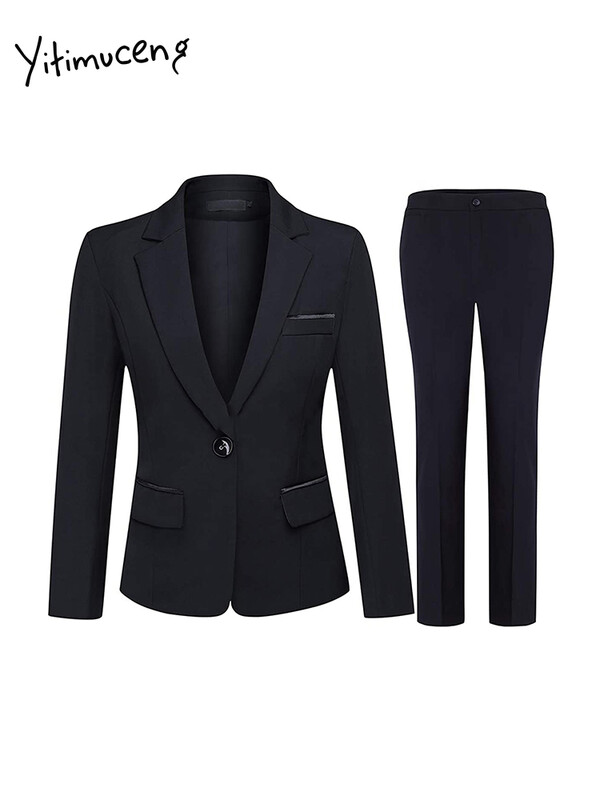 Yitimuceng Slim 4 daļiņu komplekti biroja apģērbam sievietēm, 2023. gada jauns modes žakete ar garām piedurknēm, eleganti vintage zīmuļu bikses, kostīmi ar augstu vidukli