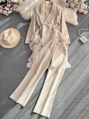 Koreai női öltönyök 2 db, hosszú ujjú blézer, magas derekú, egyenes nadrág Vintage szettek Női divat Irodai női tömör ruhák